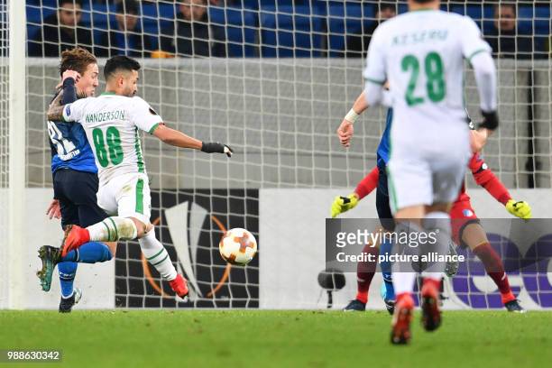 Razgrad's Wanderson shoots the 1:1 goal during the Europa League group C soccer match between 1899 Hoffenheim and Ludogorets Razgrad at the...