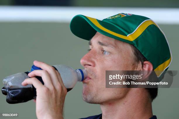 Dale Steyn of South Africa looks on during net practice at the 3W Oval on May 4, 2010 in Bridgetown, Barbados..