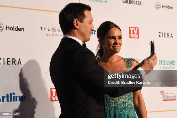 Rove McManus and Tasma Walton arrive at the 60th Annual Logie Awards at The Star Gold Coast on July 1, 2018 in Gold Coast, Australia.