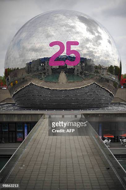 Giant number 25 is pictured on the Geode, an Omnimax theatre, on May 5, 2010 in the Parc de la Villette at the Cite des Sciences et de l'Industrie,...