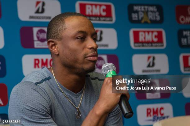 American track and field athlete Ronnie Baker speaks during the press conference of Meeting de Paris of the IAAF Diamond League 2017 at the Paris...