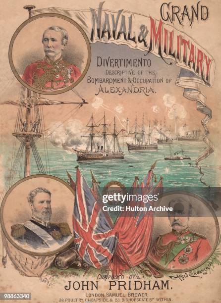 The cover for the sheet music of 'Grand Naval and Military Divertimento Descriptive of the Bombardment and Occupation of Alexandria', by John...