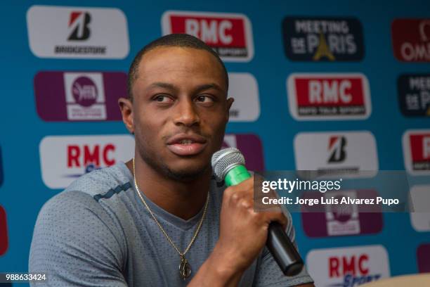 American track and field athlete Ronnie Baker speaks during the press conference of Meeting de Paris of the IAAF Diamond League 2017 at the Paris...