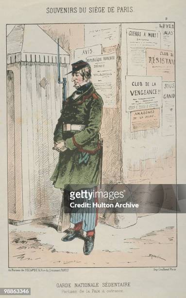 Member of the French Garde Nationale Sedentaire at his post during the Siege of Paris, circa 1870. An engraving by Jules-Renard Draner from...