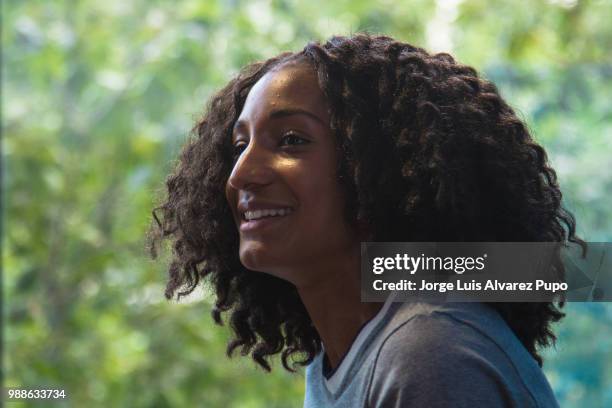 Nafissatou Thiam of Belgium smiles during the press conference of Meeting de Paris of the IAAF Diamond League 2017 at the Paris Marriot Rive Gauche...