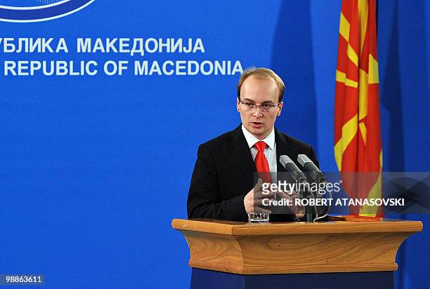Macedonian Foreign Minister Antonio Milososki speaks during a news conference on November 17, 2008 in Skopje. Macedonia launched a complaint Monday...