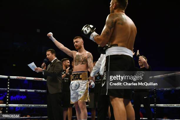 Lewis Crocker celebrates after defeating Adam Grabiec during their International Welterweight bout as part of The Homecoming boxing bill at SSE Arena...