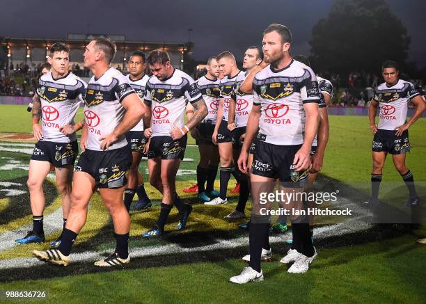 The Cowboys walk from the field after losing the round 16 NRL match between the South Sydney Rabbitohs and the North Queensland Cowboys at Barlow...