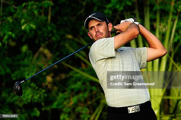 Charl Schwartzel of South Africa hits a shot during a practice round prior to the start of THE PLAYERS Championship held at THE PLAYERS Stadium...