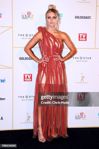 Elyse Knowles arrives at the 60th Annual Logie Awards at The Star Gold Coast on July 1, 2018 in Gold Coast, Australia.