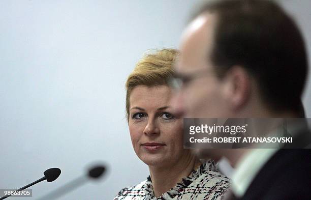 Croatia's Foreign Minister Kolinda Grabar Kitarovic gives a joint press conference with her Macedonian counterpart Antonio Milososki in Skopje, 24...