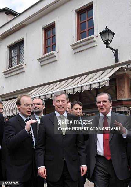 German President Horst Koehler accompanied by the Mayor of Skopje Trifun Kostovski and Foreign Affairs minister Antonio Milosevski stroll through the...