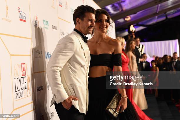 Matty J and Laura Byrne arrives at the 60th Annual Logie Awards at The Star Gold Coast on July 1, 2018 in Gold Coast, Australia.