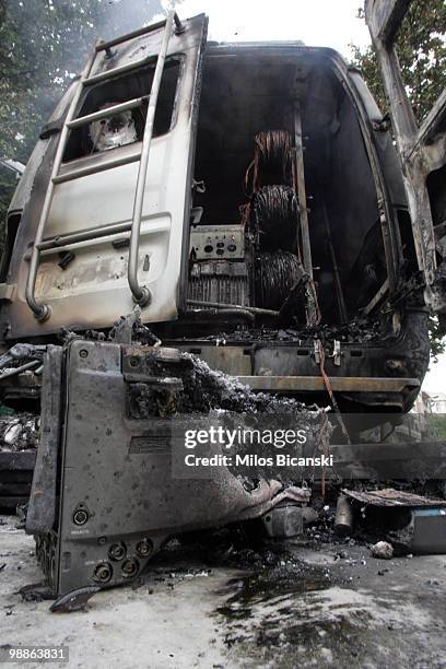 Satellite van sits gutted after clashes between protesters and Greek riot police on May 5, 2010 in Athens, Greece. Three people have died after...