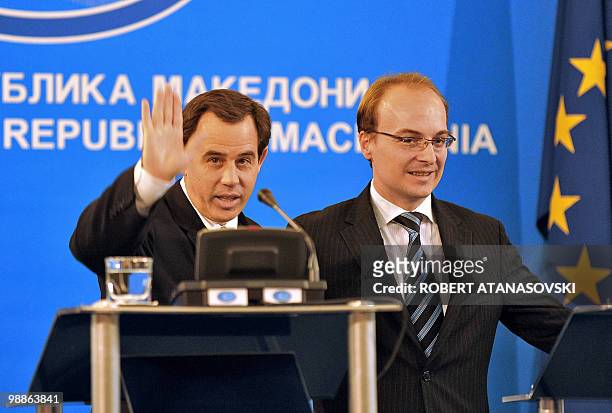 Deputy vice state secretary Stuart E. Jones waves after delivering a speech during a press conference on October 28, 2008 as Macedonia's Foreign...