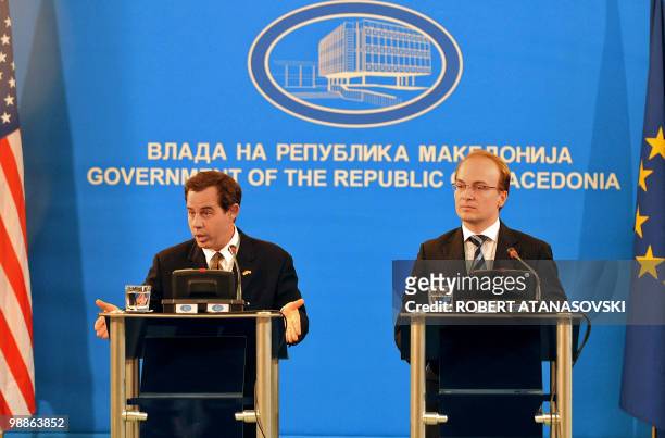 Deputy vice state secretary Stuart E. Jones delivers a speech during a press conference on October 28, 2008 as Macedonia's Foreign Minister Antonio...