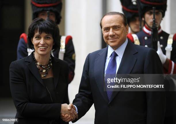 Italian Prime Minister Silvio Berlusconi greets President of the Swiss Confederation Doris Leuthard during their meeting on May 5, 2010 at palazzo...