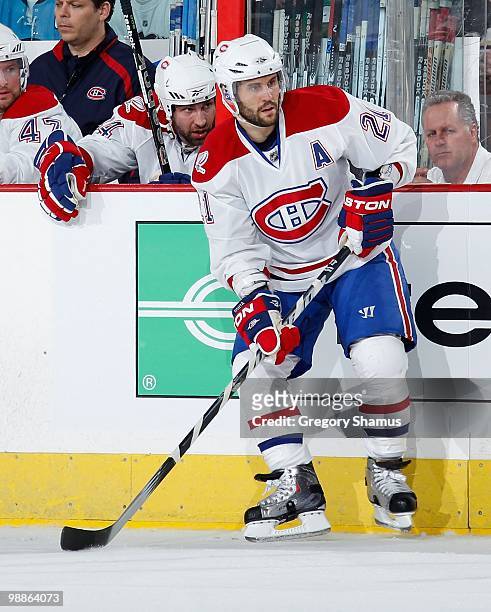 Brian Gionta of the Montreal Canadiens looks to pass against the Pittsburgh Penguins in Game Two of the Eastern Conference Semifinals during the 2010...