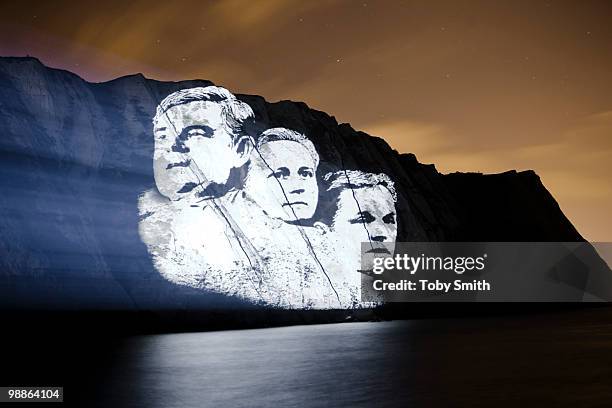 To mark one of the three UK leadership debates, Sky News projected the faces of the main party leaders: Gordon Brown, David Cameron and Nick Clegg,...