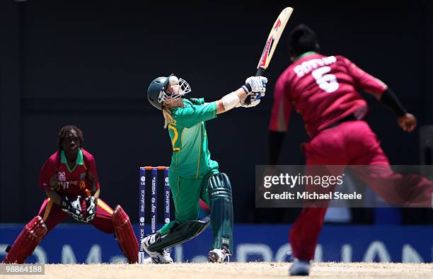 Mignon du Preez of South Africa gets the ball trapped in her helmet visor from a delivery from Deandra Dottin during the ICC T20 Women's World Cup...