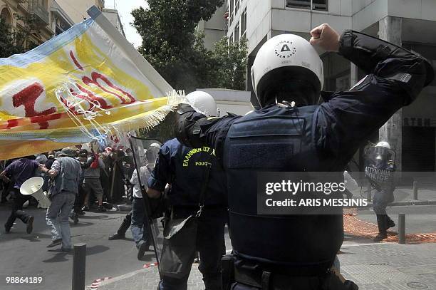 Greek policemen clash with protestors in the center of Athens on May 5, 2010. A nationwide general strike gripped Greece in the first major test of...