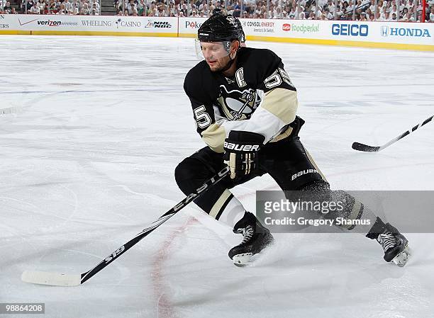 Sergei Gonchar of the Pittsburgh Penguins moves the puck against the Montreal Canadiens in Game Two of the Eastern Conference Semifinals during the...