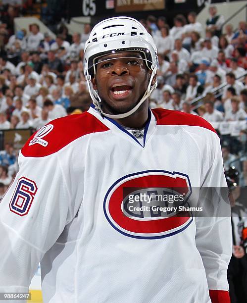 Subban of the Montreal Canadiens argues a call against the Pittsburgh Penguins in Game Two of the Eastern Conference Semifinals during the 2010 NHL...