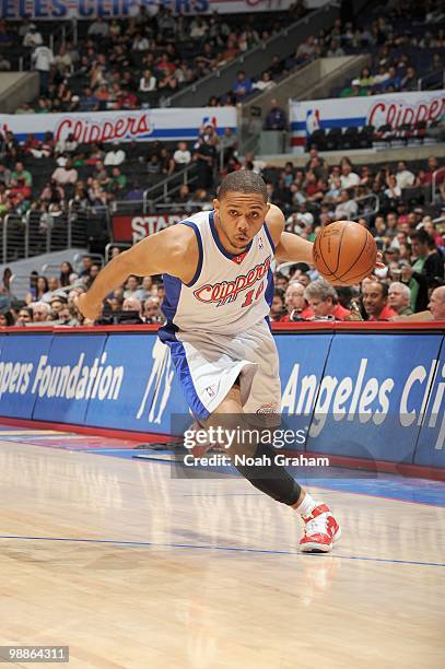 Eric Gordon of the Los Angeles Clippers drives to the basket against the Milwaukeee Bucks at Staples Center on March 17, 2010 in Los Angeles,...