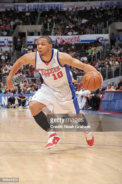 Eric Gordon of the Los Angeles Clippers drives to the basket against the Milwaukeee Bucks at Staples Center on March 17, 2010 in Los Angeles,...