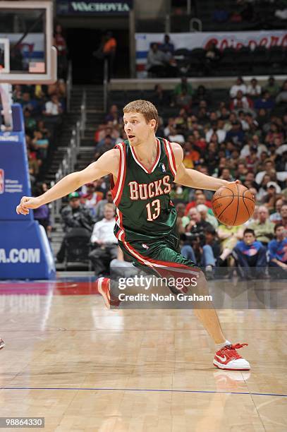 Luke Ridnour of the Milwaukee Bucks drives the ball against the Los Angeles Clippers at Staples Center on March 17, 2010 in Los Angeles, California....