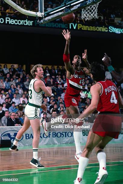 Mychal Thompson of the Portland Trail Blazers puts up a shot against Larry Bird of the Boston Celtics during a game played in 1985 at the Boston...