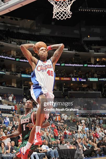 Rasual Butler of the Los Angeles Clippers moves for a dunk against the Milwaukeee Bucks at Staples Center on March 17, 2010 in Los Angeles,...