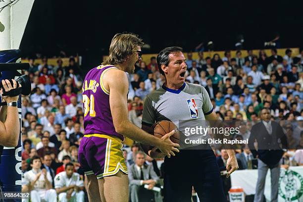 Kurt Rambis of the Los Angeles Lakers talks with a referee during the 1985 NBA Finals at the Boston Garden in Boston, Massachusetts. The Los Angeles...