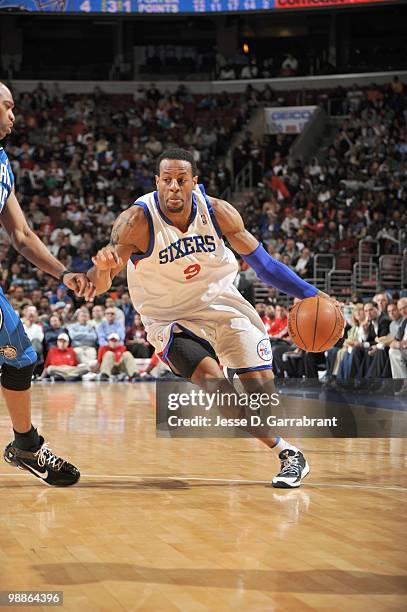 Andre Iguodala of the Philadelphia 76ers drives the ball against the Orlando Magic during the game on March 22, 2010 at the Wachovia Center in...