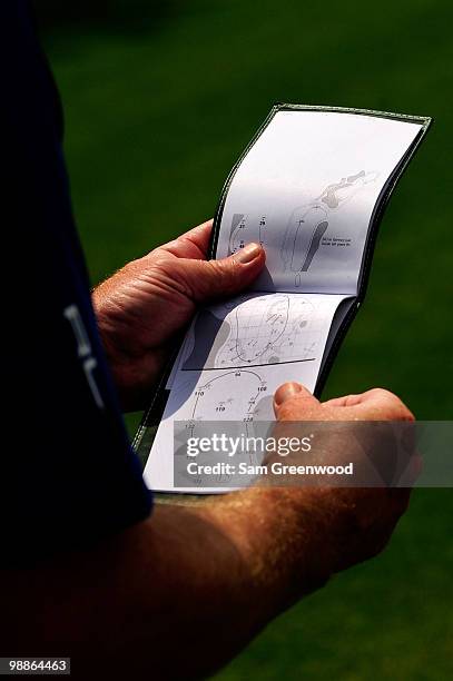 Yardage book is viewed during a practice round prior to the start of THE PLAYERS Championship held at THE PLAYERS Stadium course at TPC Sawgrass on...