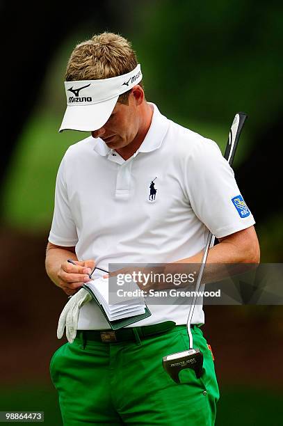 Luke Donald of England looks at his yardage book during a practice round prior to the start of THE PLAYERS Championship held at THE PLAYERS Stadium...