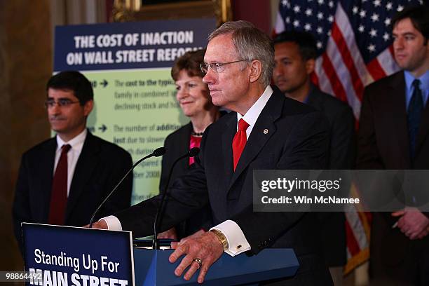 Senate Majority Leader Harry Reid takes questions during a press conference on financial industry reform at the U.S. Capitol May 5, 2010 in...