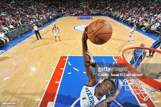 Samuel Dalembert of the Philadelphia 76ers puts a shot up against Marcin Gortat of the Orlando Magic during the game on March 22, 2010 at the...