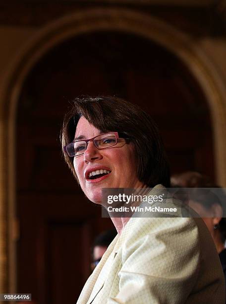Sen. Amy Klobuchar speaks during a press conference on financial industry reform at the U.S. Capitol May 5, 2010 in Washington, DC. During the press...