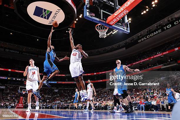 Rashard Lewis of the Orlando Magic puts a shot up against Elton Brand of the Philadelphia 76ers during the game on March 22, 2010 at the Wachovia...