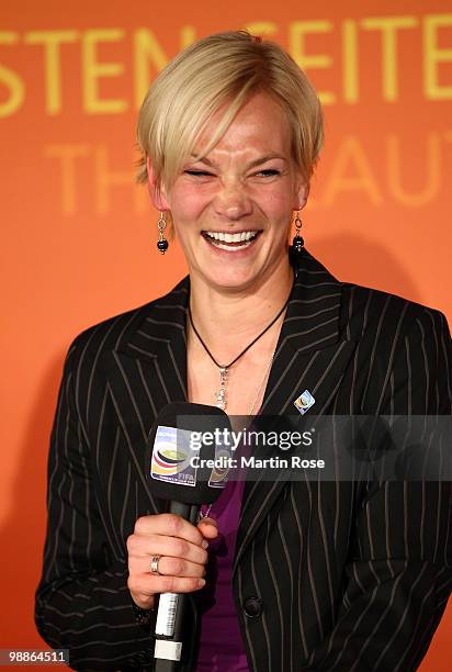 Referee Bibiana Steinhaus talsk to the audience during the FIFA Women's World Cup 2011 Countdown event at the Volkswagen Arena on May 5, 2010 in...