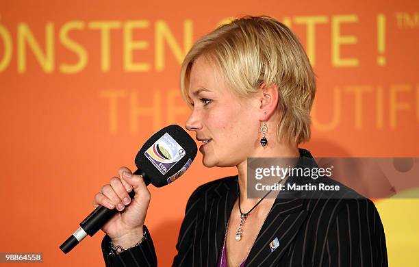 Referee Bibiana Steinhaus talsk to the audience during the FIFA Women's World Cup 2011 Countdown event at the Volkswagen Arena on May 5, 2010 in...