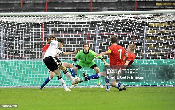 Daniel Ginczek of Germany scores his first goal during the U19 international friendly match between Germany and Czech Republic at the...