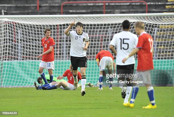 Daniel Ginczek of Germany celebrates his first goal during the U19 international friendly match between Germany and Czech Republic at the...