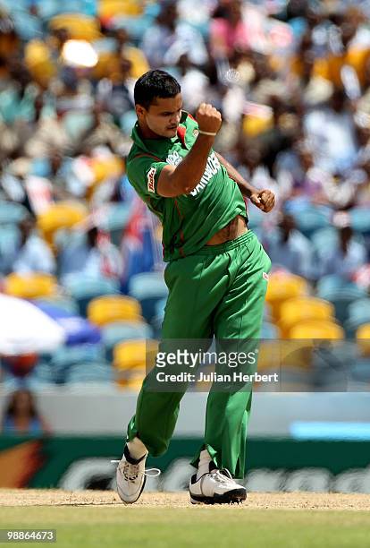 Mashrafe Mortaza of Bangladesh celebrates the wicket of Shane Watson out during The ICC World Twenty20 Group A Match between Bangladesh and Australia...
