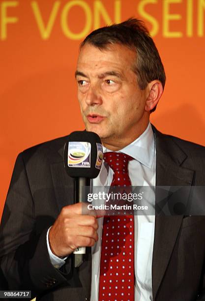 Wolfgang Niersbach, general seceratary of the German Football Association talks to the audience during the FIFA Women's World Cup 2011 Countdown...