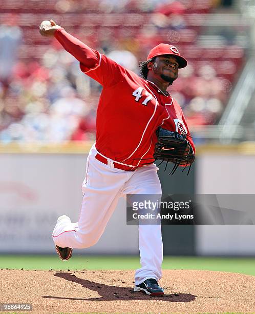 Johnny Cueto of the Cincinnati Reds throws a pitch against the New York Mets during the game on May 5, 2010 at Great American Ballpark in Cincinnati,...