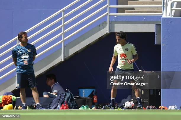 Diego Lainez of Club America kicks the ball during a training session at Cotton Bowl on June 29, 2018 in Dallas, Texas.
