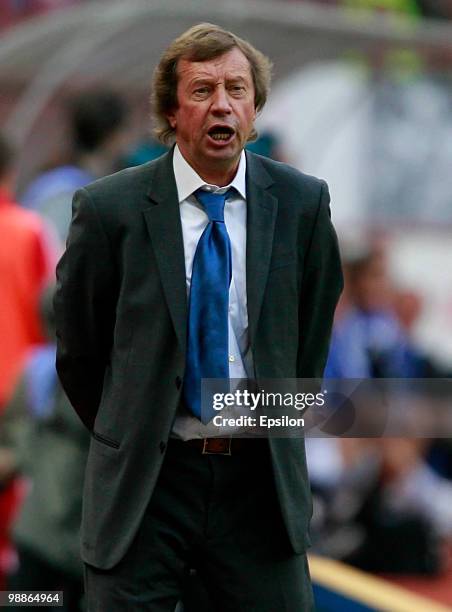 Head coach Yuri Syomin of FC Lokomotiv Moscow gestures during the Russian Football League Championship match between FC Lokomotiv Moscow and FC...