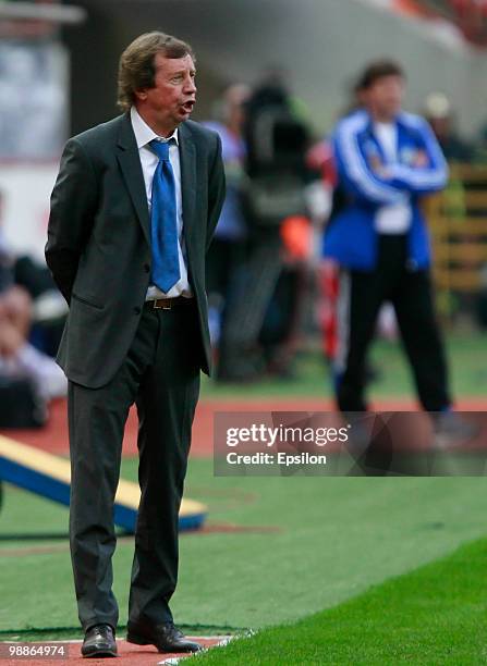 Head coach Yuri Syomin of FC Lokomotiv Moscow gestures during the Russian Football League Championship match between FC Lokomotiv Moscow and FC...